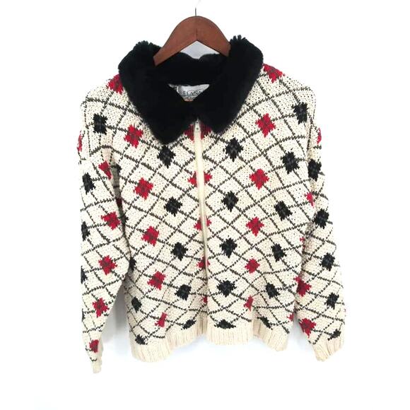 Elana Carello Cream Diamond Print Zip Front Faux Fur Collar Grandma Cardigan Med - Picture 1 of 9